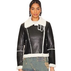 REVOLVE Genna Black Faux Leather Shearling Moto Jacket Zip-Up Sz L grunge 90s